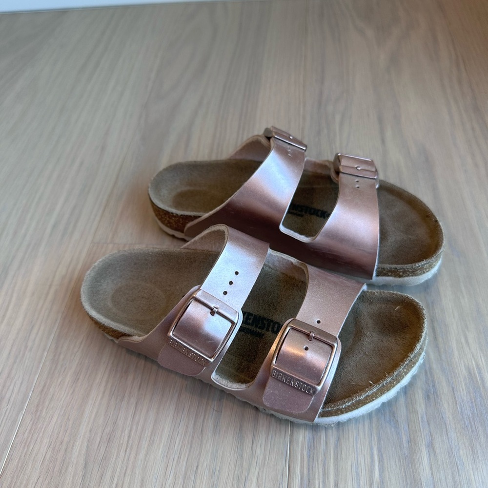Birkenstock Kids Metallic Rose Gold Two-Strap Sandals